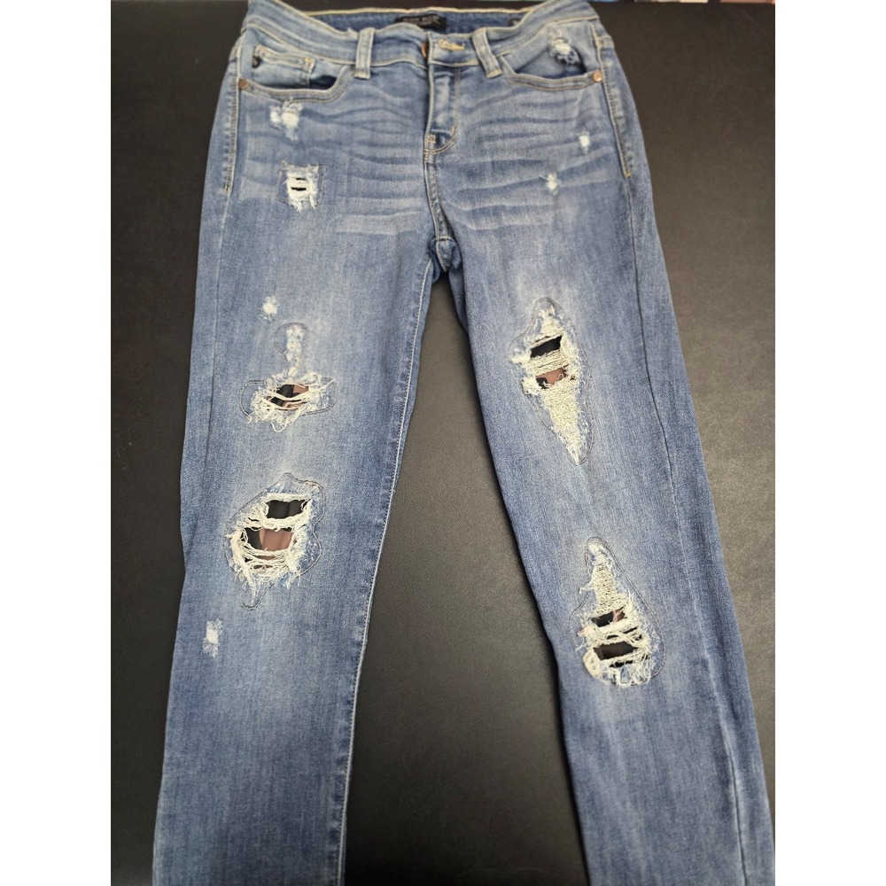 Judy Blue Leopard Patch Distressed Skinny Jeans Mid Wash Destroyed Size 7 / 28